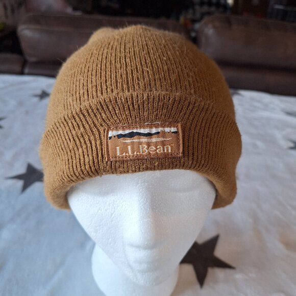 Vintage‎ L.L. Bean Tan Brown Winter Beanie Hiking Cabinecore OSFA Mountain Logo - Picture 1 of 5